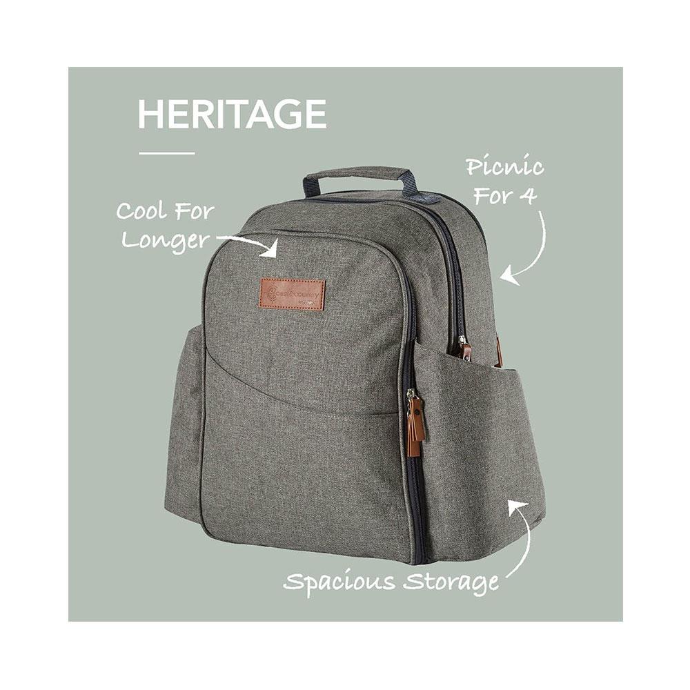 Tower Coast & Country Heritage 4 Person Filled Picnic Backpack With Tableware Set 5 Litres - Green & Tan