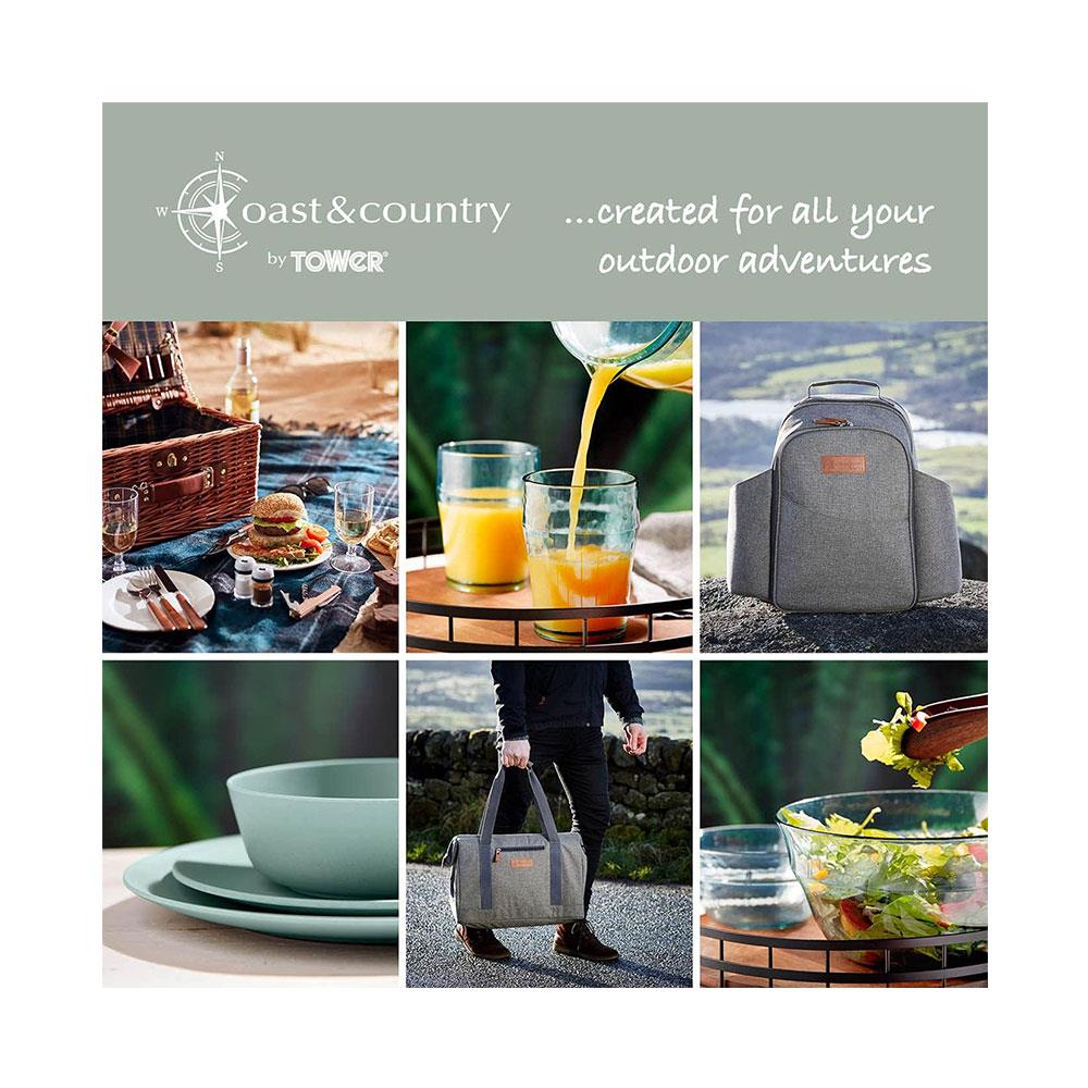 Tower Coast & Country Heritage 4 Person Filled Picnic Backpack With Tableware Set 5 Litres - Green & Tan