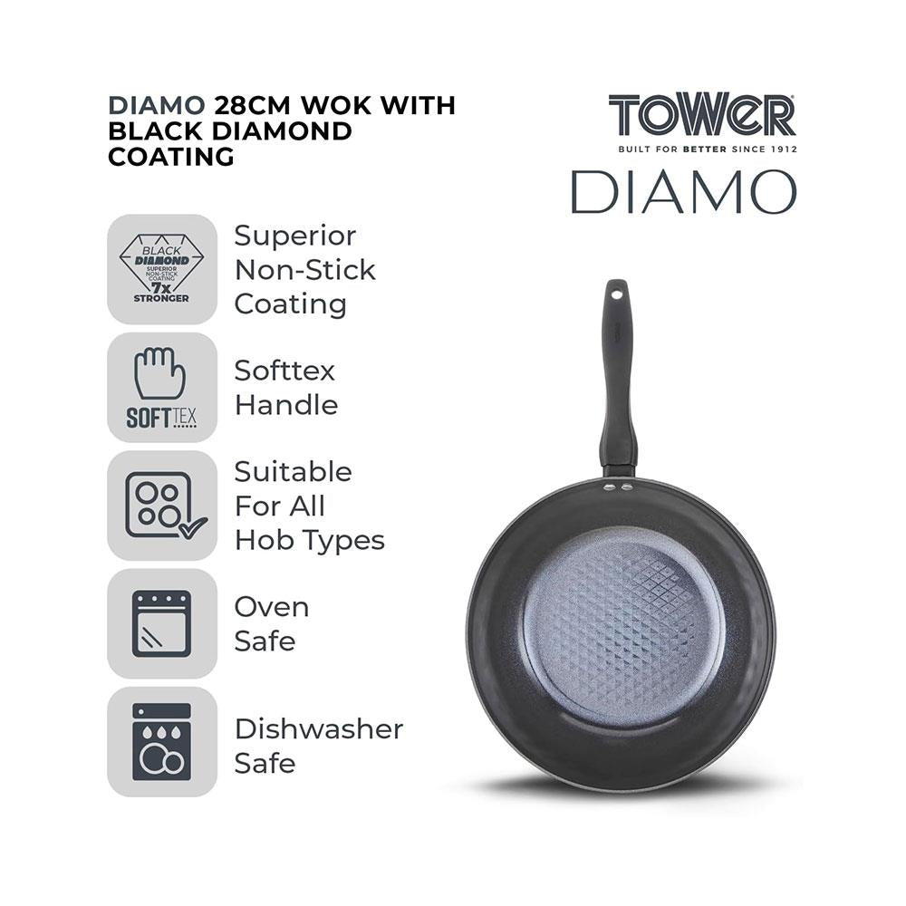 Tower Diamo 28cm Wok With Black Diamond Ceramic Non-Stick Coating Aluminium - Black Secondary image