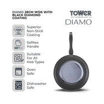 Tower Diamo 28cm Wok With Black Diamond Ceramic Non-Stick Coating Aluminium - Black