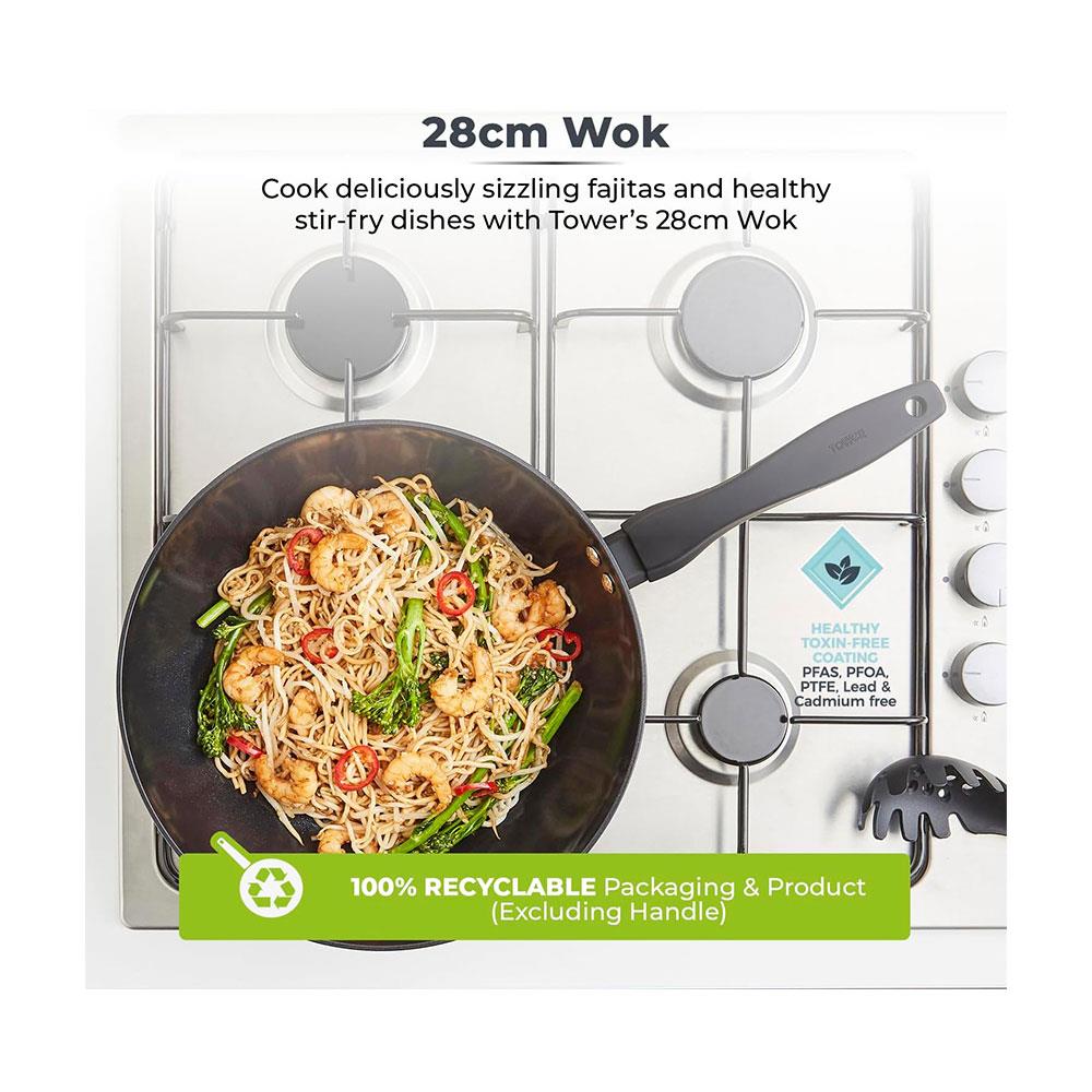 Tower Diamo 28cm Wok With Black Diamond Ceramic Non-Stick Coating Aluminium - Black