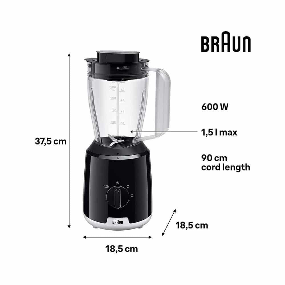 Braun PowerBlend 1 Jug Blenders With Smoothie2Go Bottle 2 Speed & Ice Crush Functions 600W 1.5 Litres - Black