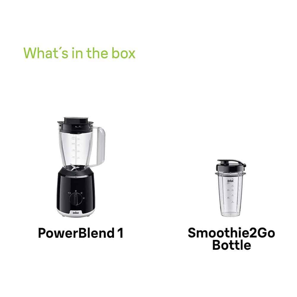 Braun PowerBlend 1 Jug Blenders With Smoothie2Go Bottle 2 Speed & Ice Crush Functions 600W 1.5 Litres - Black