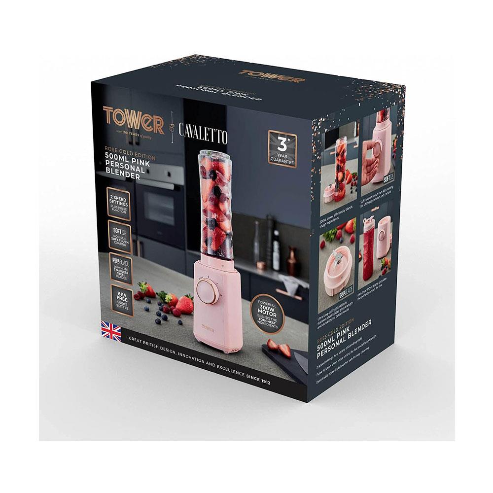 Tower Cavaletto Personal Jug Blender With Tritan Smoothie Bottle 300W 500ml - Marshmallow Pink & Rose Gold