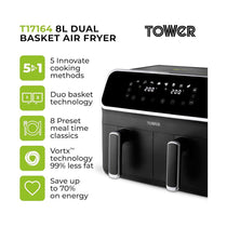 Tower Vortx Digital Dual Basket Air Fryer Digital Control 8 Cooking Pre-Sets Functions 2700W 8 Litre - Black