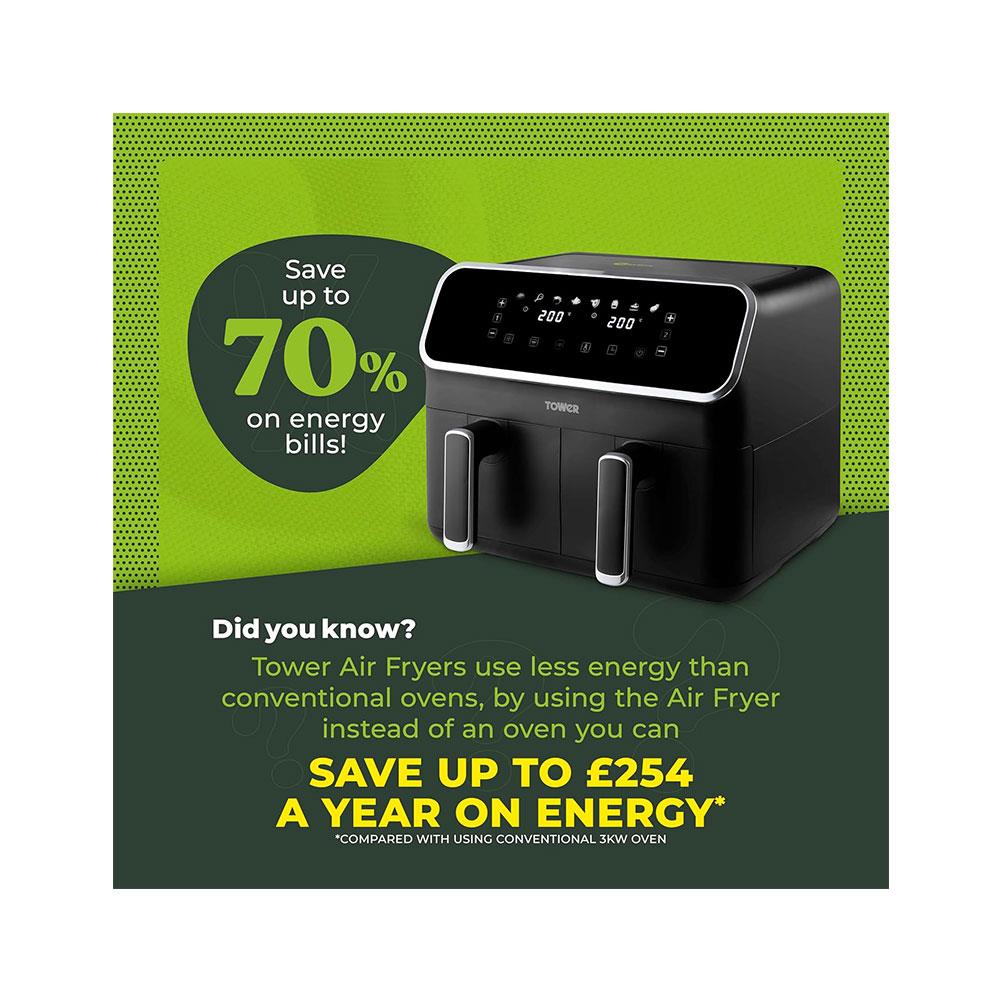 Tower Vortx Digital Dual Basket Air Fryer Digital Control 8 Cooking Pre-Sets Functions 2700W 8 Litre - Black