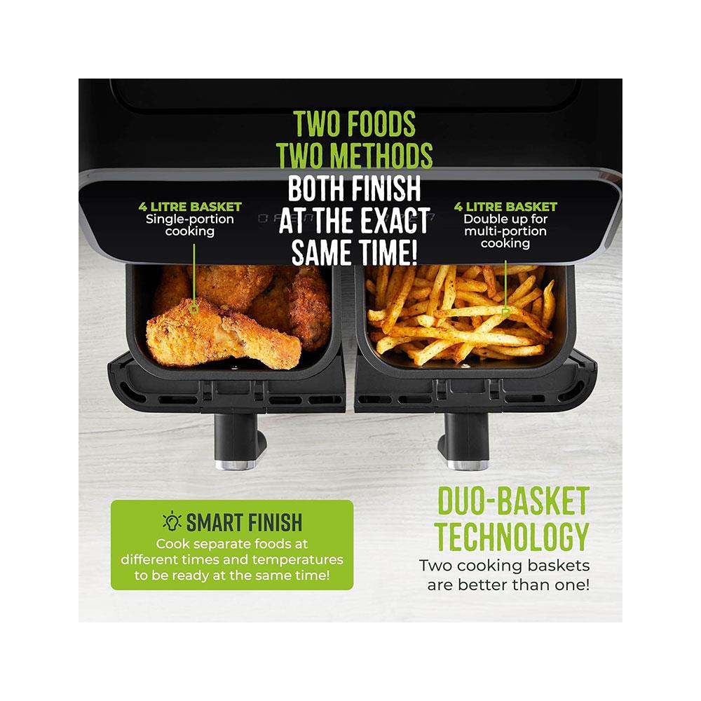 Tower Vortx Digital Dual Basket Air Fryer Digital Control 8 Cooking Pre-Sets Functions 2700W 8 Litre - Black