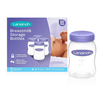 Lansinoh Breastmilk Storage Bottles 160ml x 4 Pack & Stackable Lids - Transparent