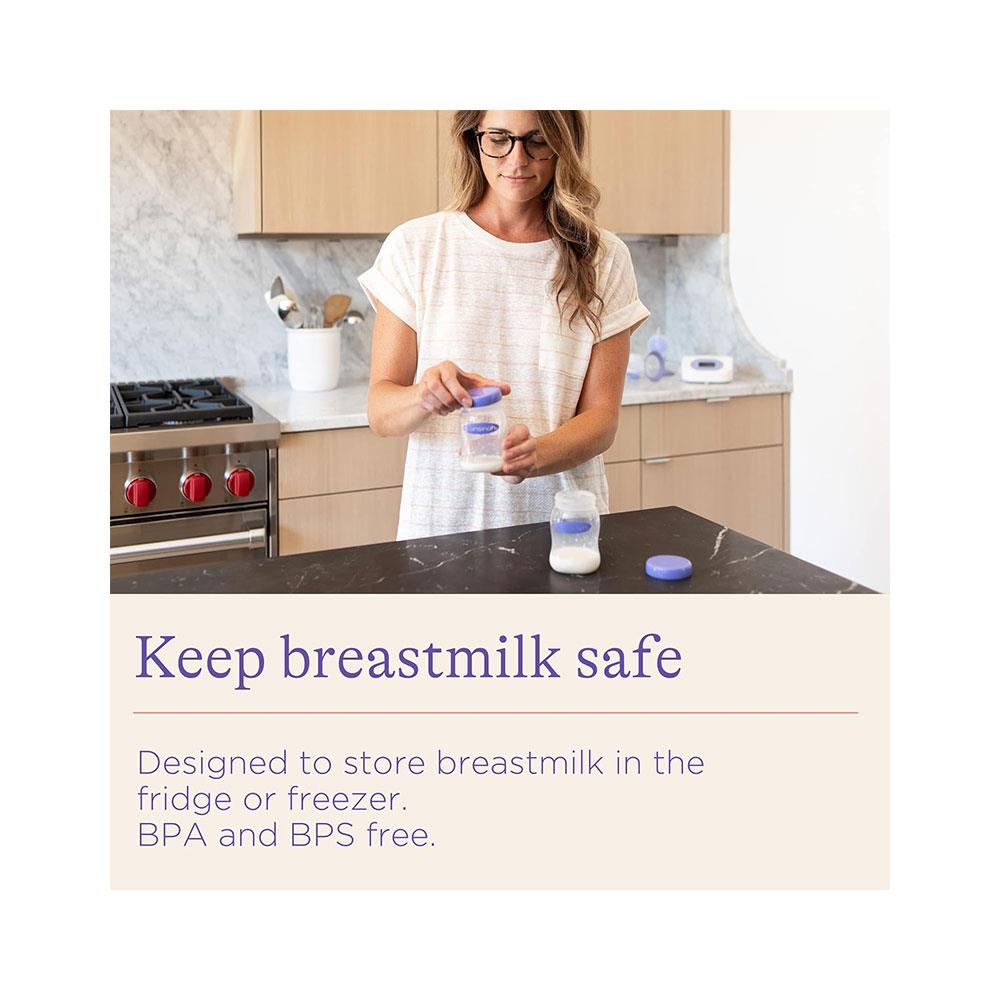 Lansinoh Breastmilk Storage Bottles 160ml x 4 Pack & Stackable Lids - Transparent