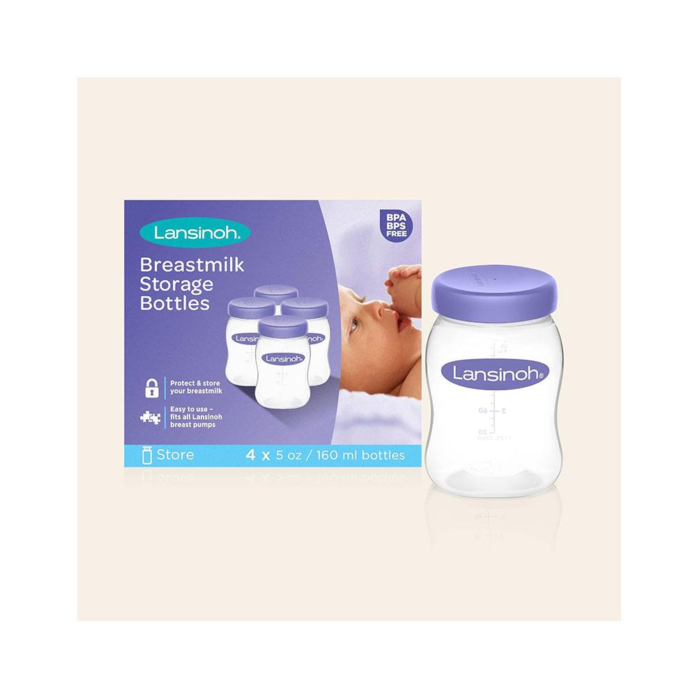 Lansinoh Breastmilk Storage Bottles 160ml x 4 Pack & Stackable Lids - Transparent