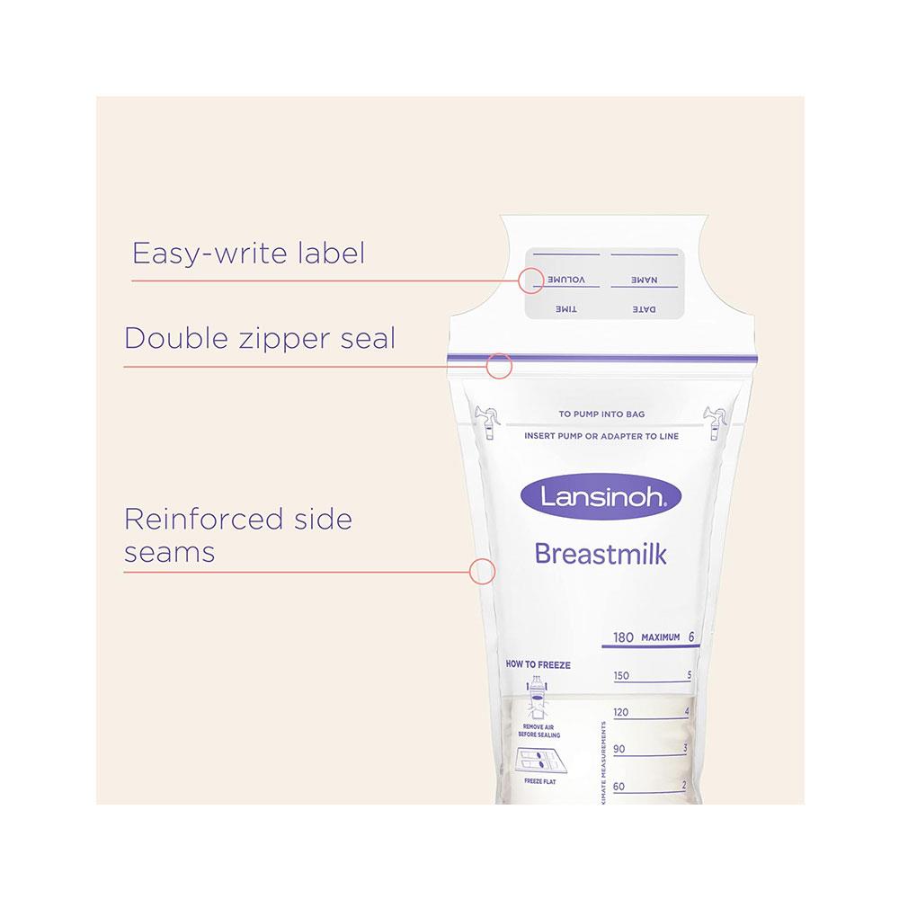Lansinoh Breastmilk Storage Bags 50 Pre-Sterilised Bags Double Zipper Seal - Transparent