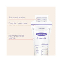 Lansinoh Breastmilk Storage Bags 50 Pre-Sterilised Bags Double Zipper Seal - Transparent