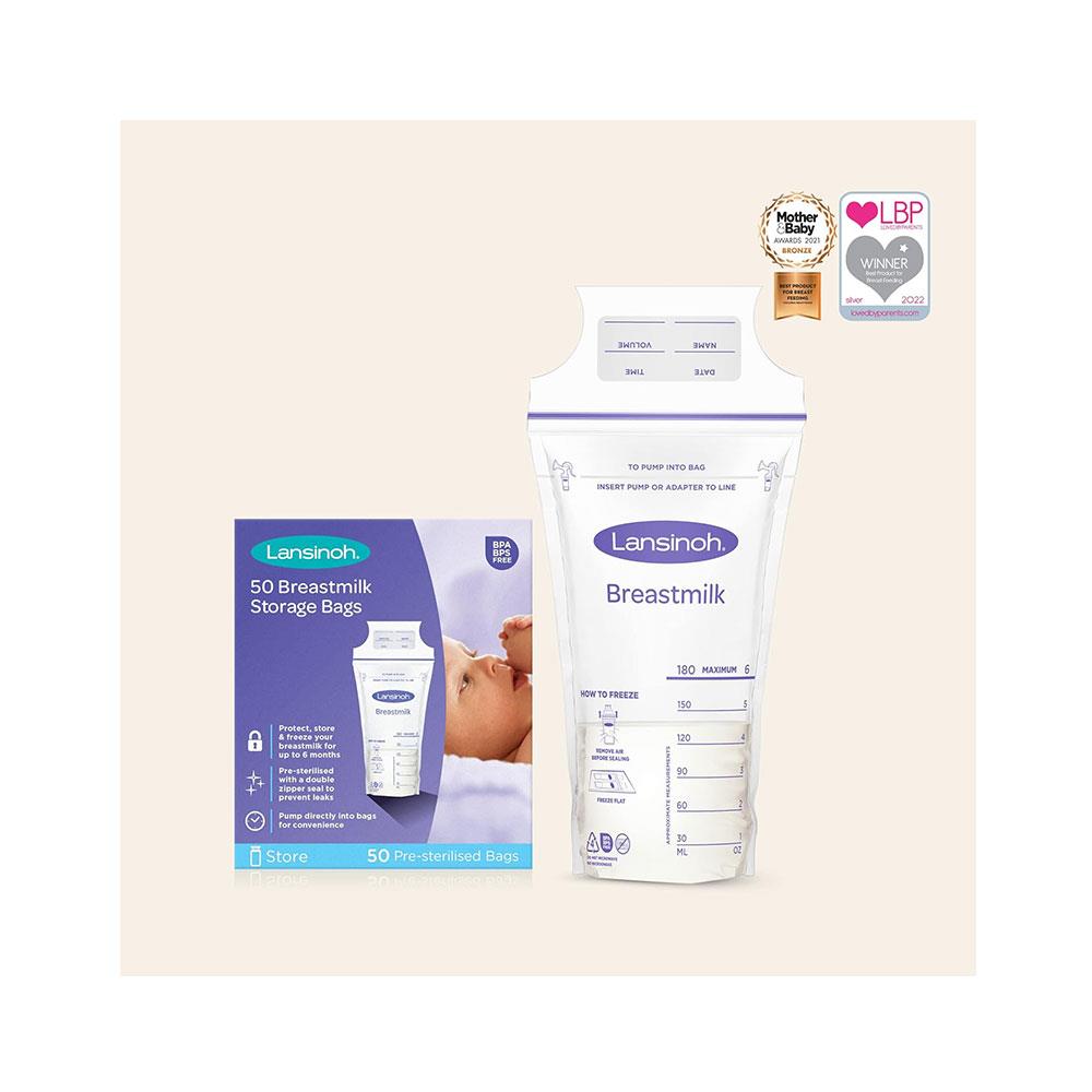 Lansinoh Breastmilk Storage Bags 50 Pre-Sterilised Bags Double Zipper Seal - Transparent