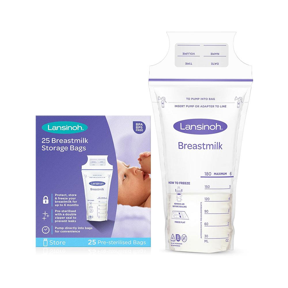 Lansinoh Breastmilk Storage Bags 25 Pre-Sterilised Bags Double Zipper Seal - Transparent
