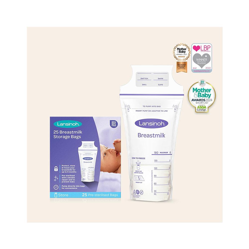 Lansinoh Breastmilk Storage Bags 25 Pre-Sterilised Bags Double Zipper Seal - Transparent