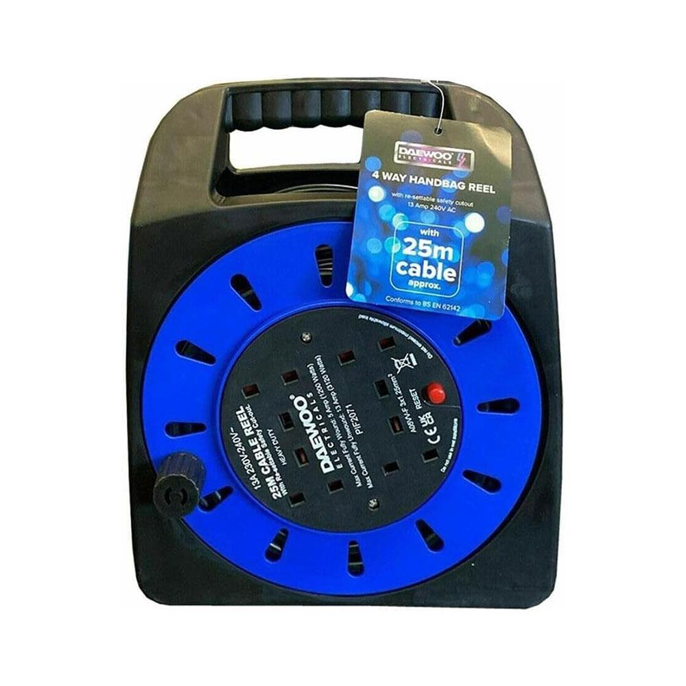 Daewoo 4 Way UK 3 Pin Plug 13 Amp Extension Reel With 25 Metre Heavy Duty Winding Cable - Blue/Black Main image