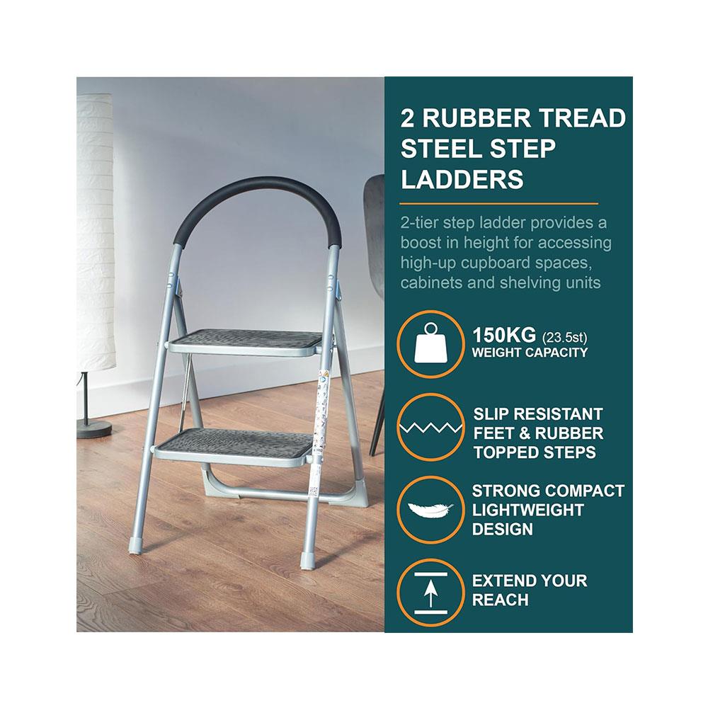 OurHouse 2 Wide Rubber Tread Steel Step Ladder 150kg Load Capacity - Grey Secondary image