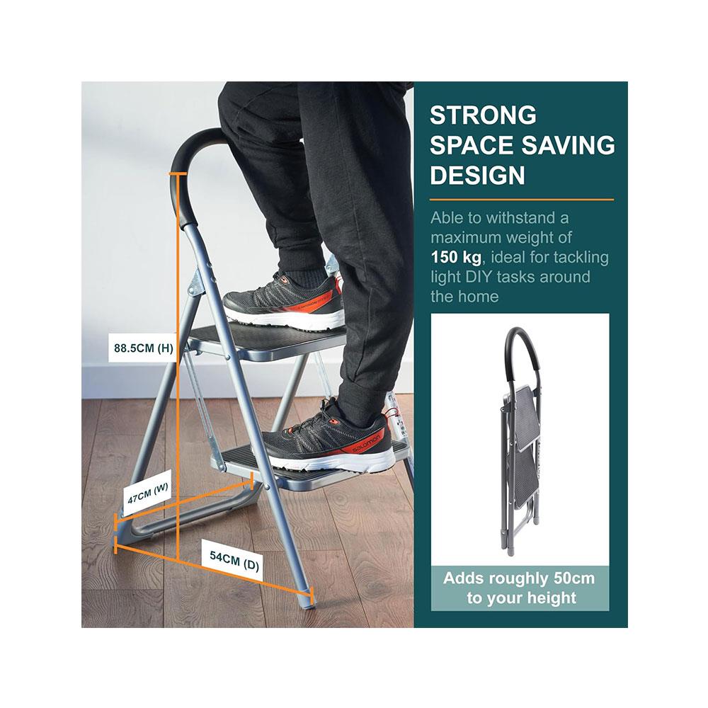 OurHouse 2 Wide Rubber Tread Steel Step Ladder 150kg Load Capacity - Grey