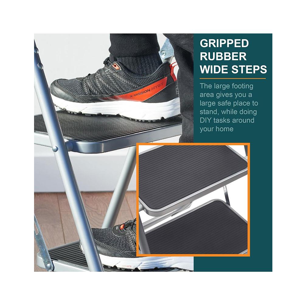 OurHouse 2 Wide Rubber Tread Steel Step Ladder 150kg Load Capacity - Grey