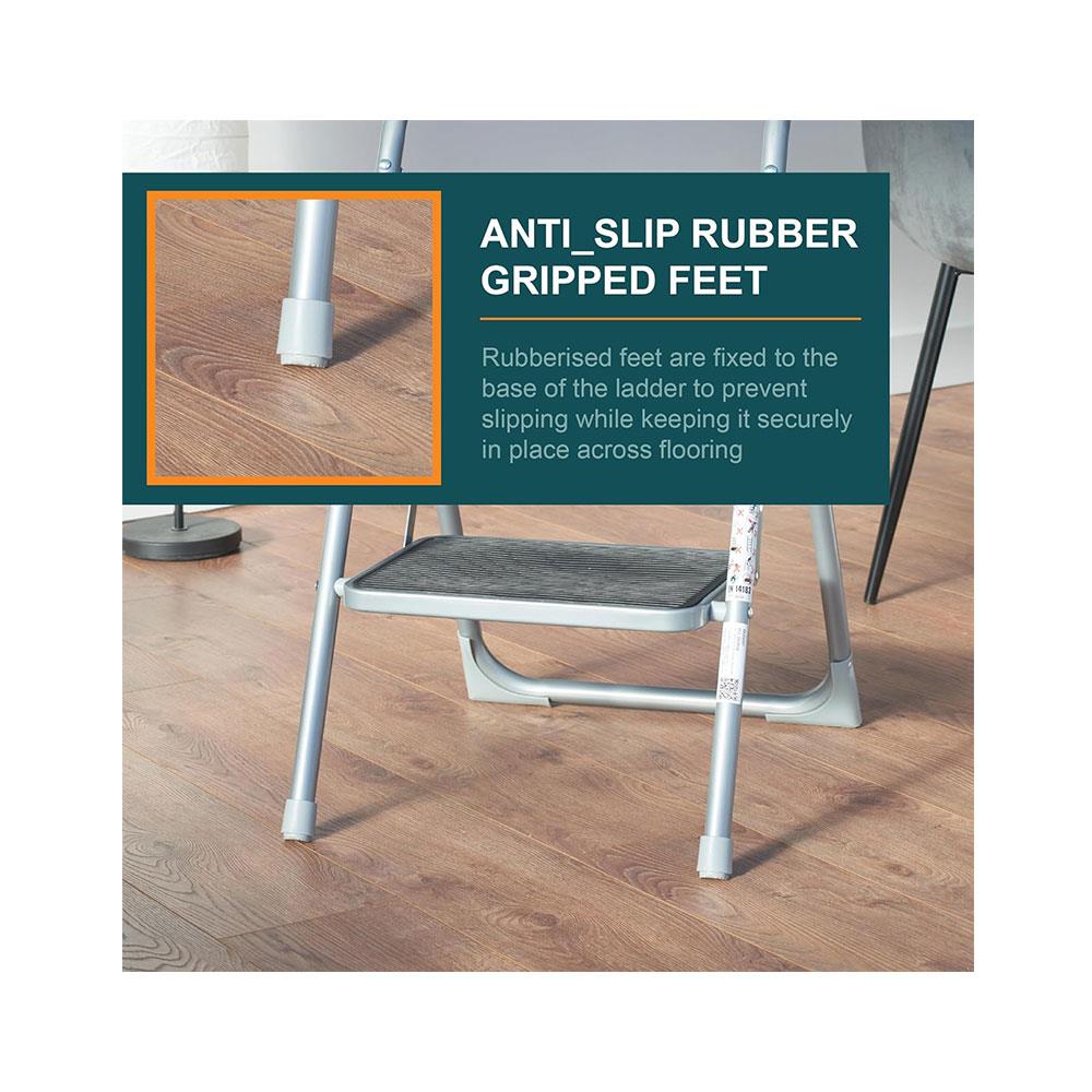 OurHouse 2 Wide Rubber Tread Steel Step Ladder 150kg Load Capacity - Grey