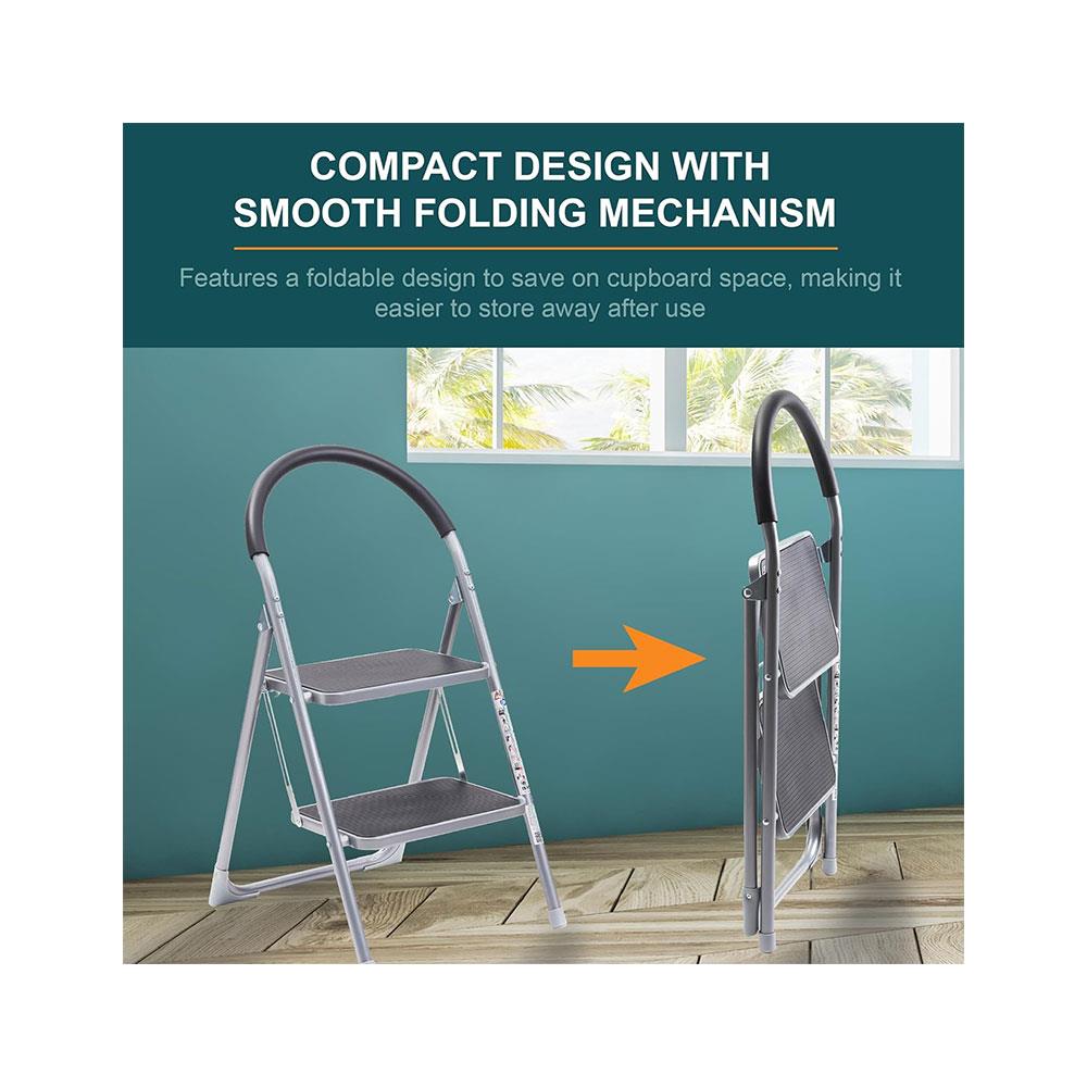 OurHouse 2 Wide Rubber Tread Steel Step Ladder 150kg Load Capacity - Grey