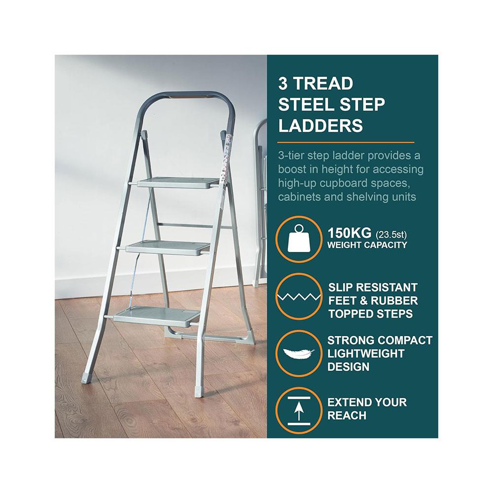 OurHouse 3 Tread Steel Step Ladders With Non-Slip Feet 150kg Load Capacity Folding Design - Silver Secondary image