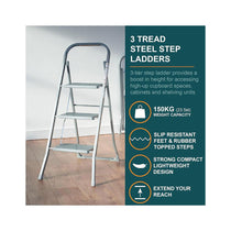 OurHouse 3 Tread Steel Step Ladders With Non-Slip Feet 150kg Load Capacity Folding Design - Silver