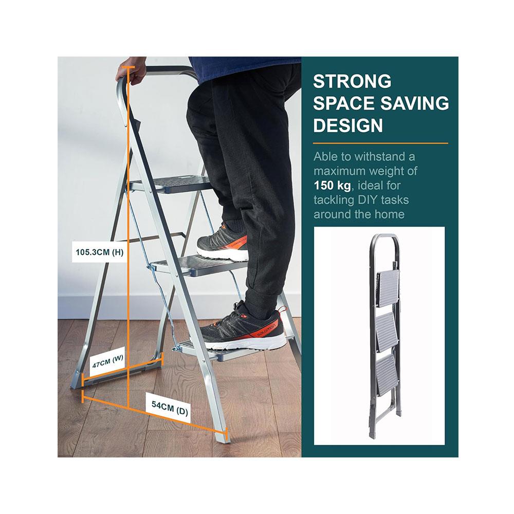 OurHouse 3 Tread Steel Step Ladders With Non-Slip Feet 150kg Load Capacity Folding Design - Silver