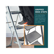OurHouse 3 Tread Steel Step Ladders With Non-Slip Feet 150kg Load Capacity Folding Design - Silver