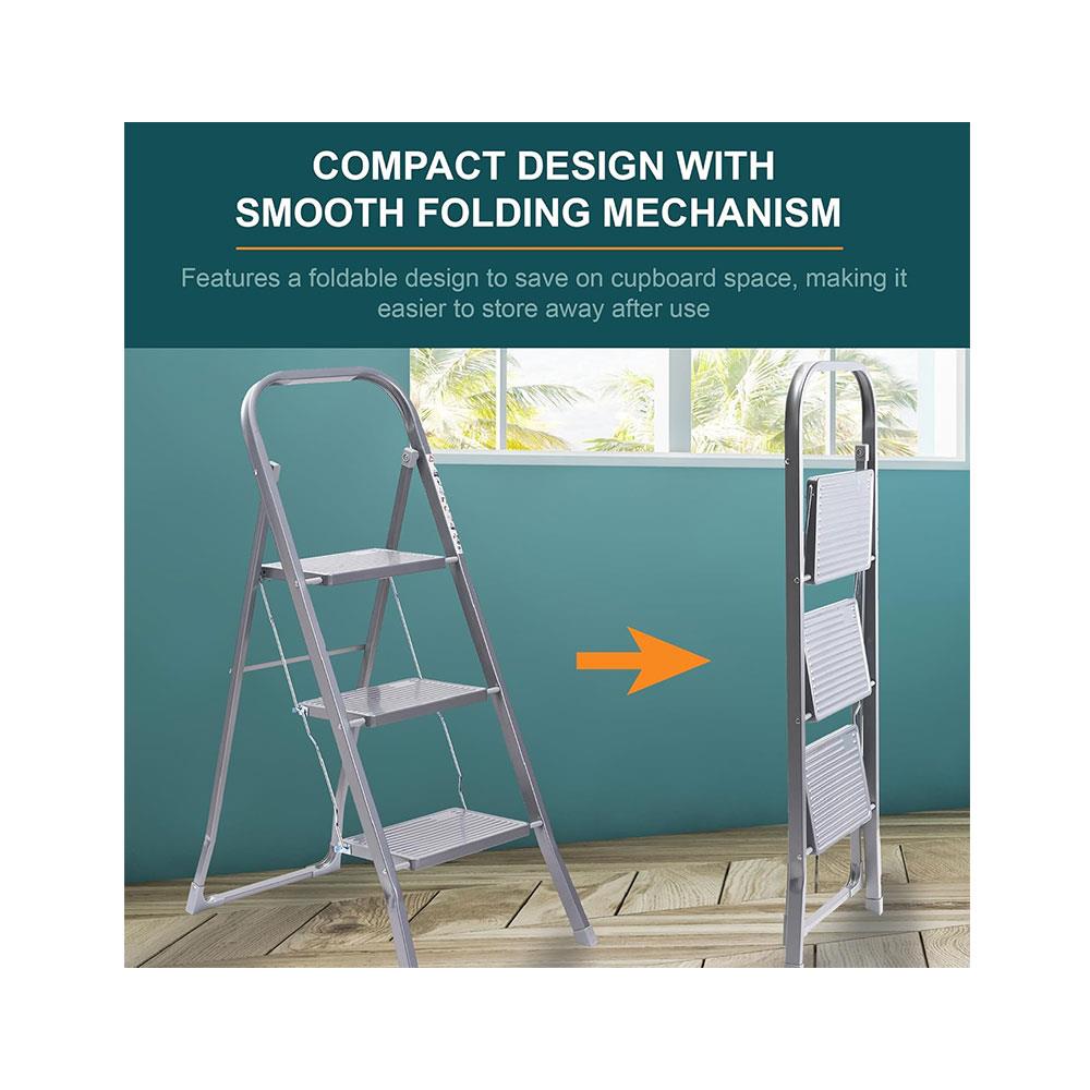 OurHouse 3 Tread Steel Step Ladders With Non-Slip Feet 150kg Load Capacity Folding Design - Silver