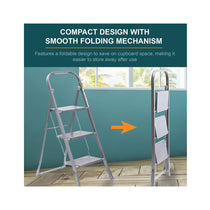 OurHouse 3 Tread Steel Step Ladders With Non-Slip Feet 150kg Load Capacity Folding Design - Silver