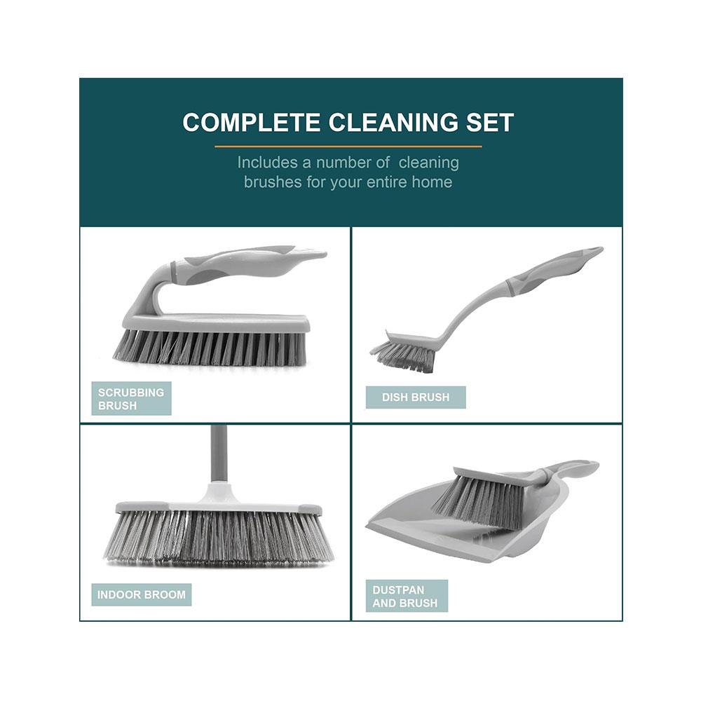 OurHouse Cleaning Brush Set 5 Piece Dustpan & Brush Long Handle Broom Washing Up Brush Handheld Scrubber - Grey