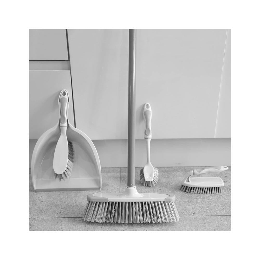 OurHouse Cleaning Brush Set 5 Piece Dustpan & Brush Long Handle Broom Washing Up Brush Handheld Scrubber - Grey