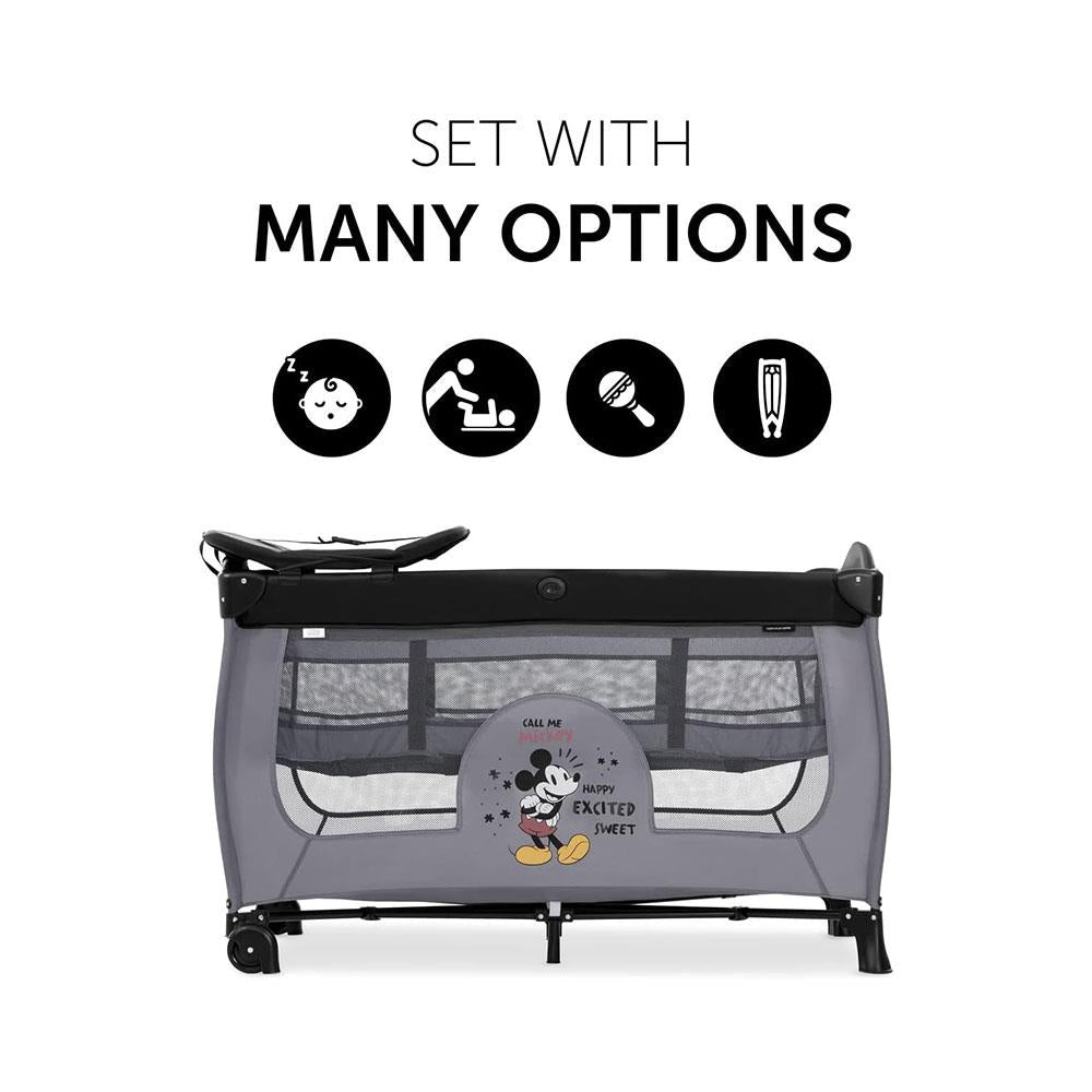 Hauck Disney Sleep N Play Center Travel Cot With Changing Mat & Travel Bag 120cm x 60cm - Mickey Mouse Grey