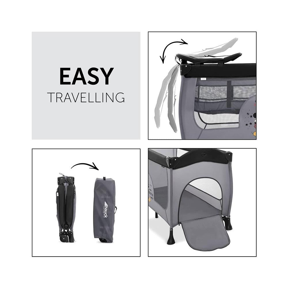 Hauck Disney Sleep N Play Center Travel Cot With Changing Mat & Travel Bag 120cm x 60cm - Mickey Mouse Grey