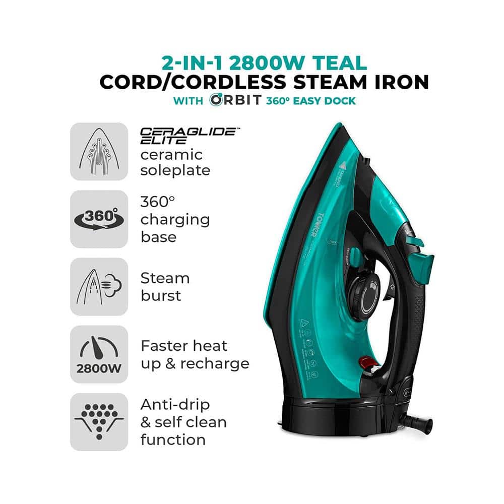 Tower CeraGlide Cord/Cordless Steam Iron With Rapid Heat-Up & Recharge 2800W 300ml Water Tank - Teal Secondary image