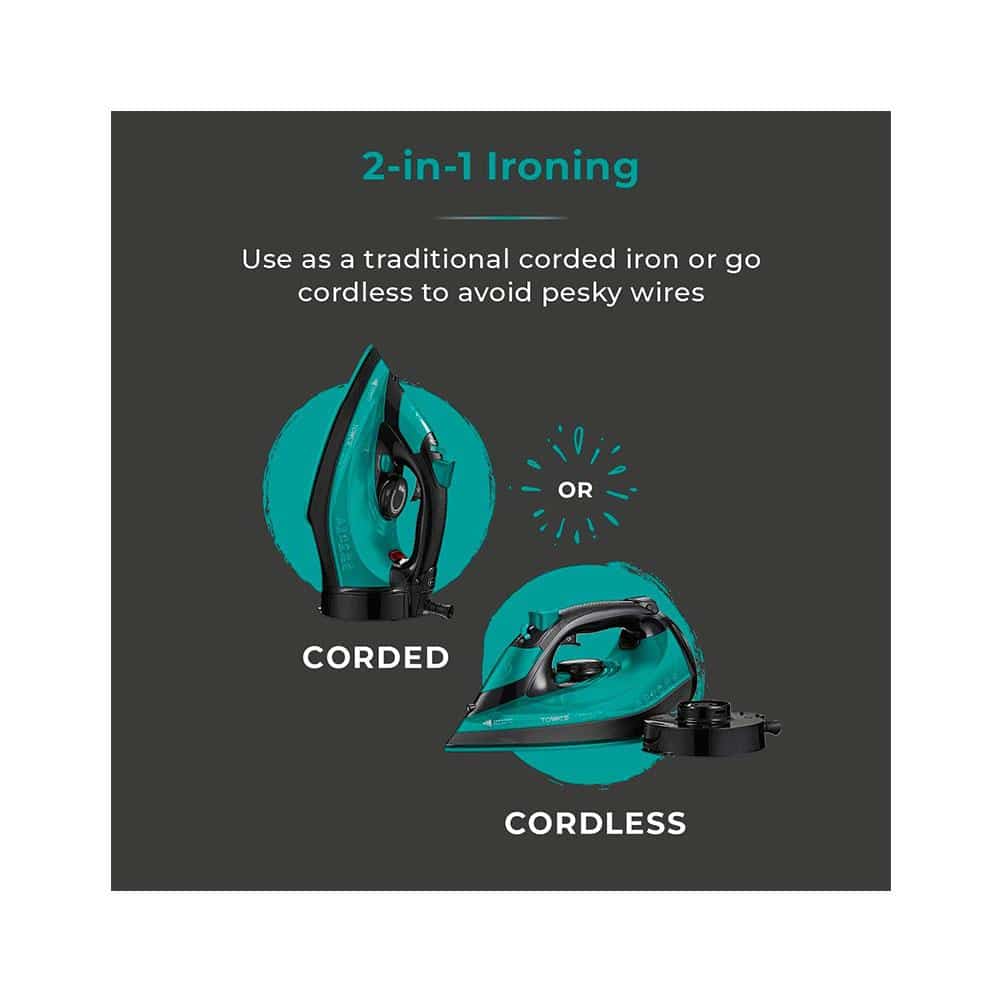 Tower CeraGlide Cord/Cordless Steam Iron With Rapid Heat-Up & Recharge 2800W 300ml Water Tank - Teal