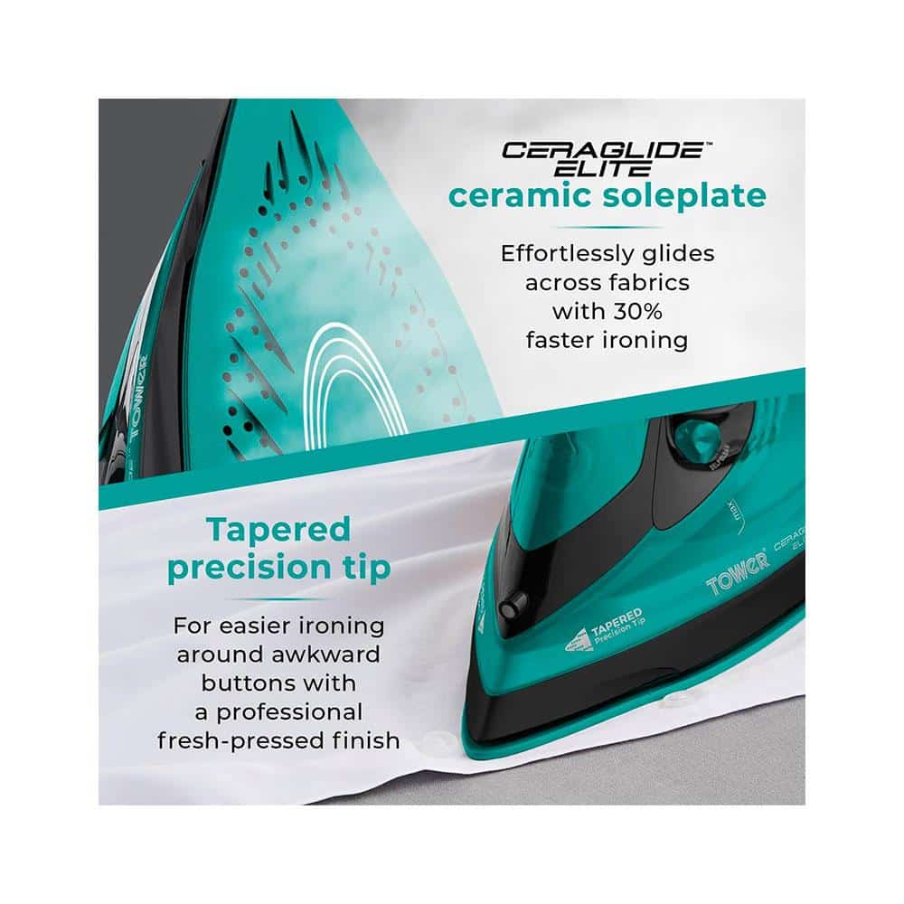 Tower CeraGlide Cord/Cordless Steam Iron With Rapid Heat-Up & Recharge 2800W 300ml Water Tank - Teal