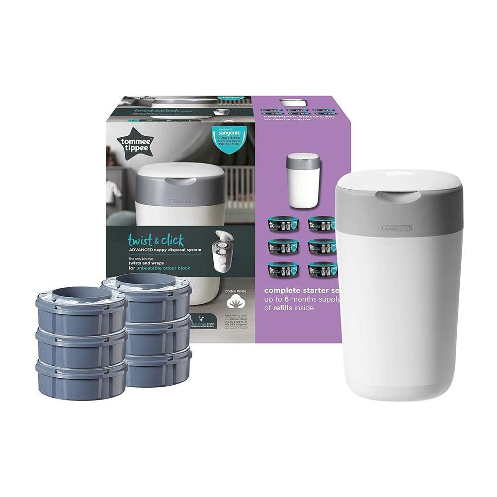 Tommee Tippee Twist & Click Advanced Nappy Disposal Bin System With 6 Refills Cassettes - White