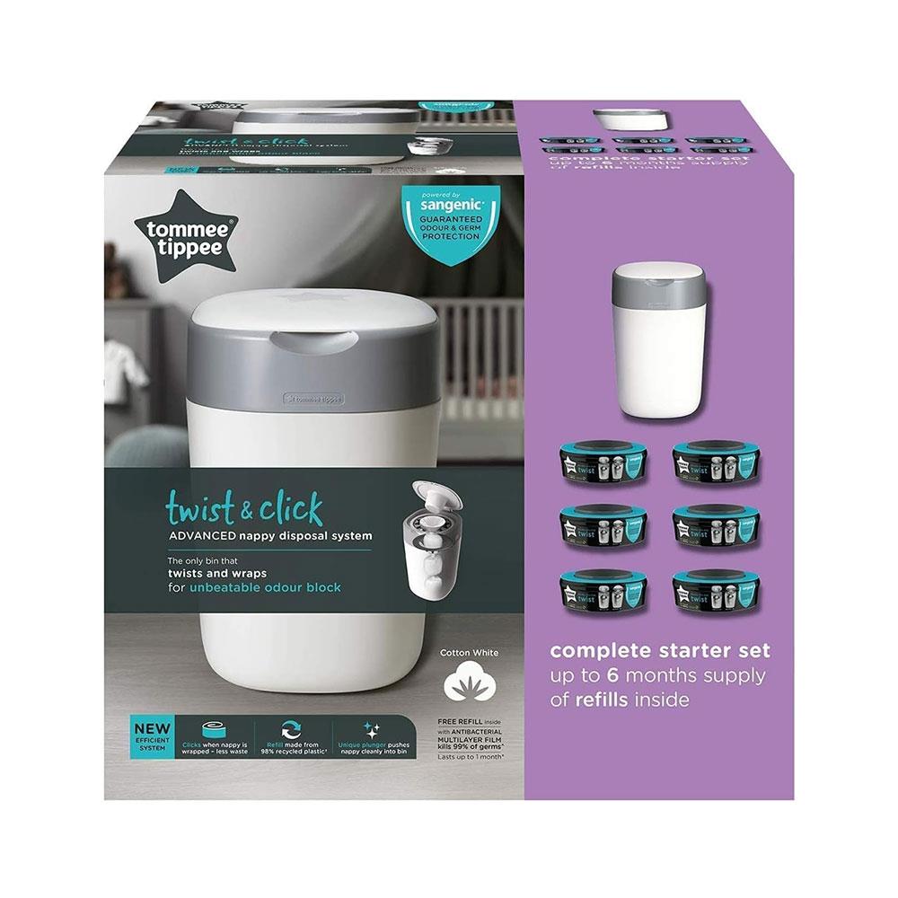 Tommee Tippee Twist & Click Advanced Nappy Disposal Bin System With 6 Refills Cassettes - White