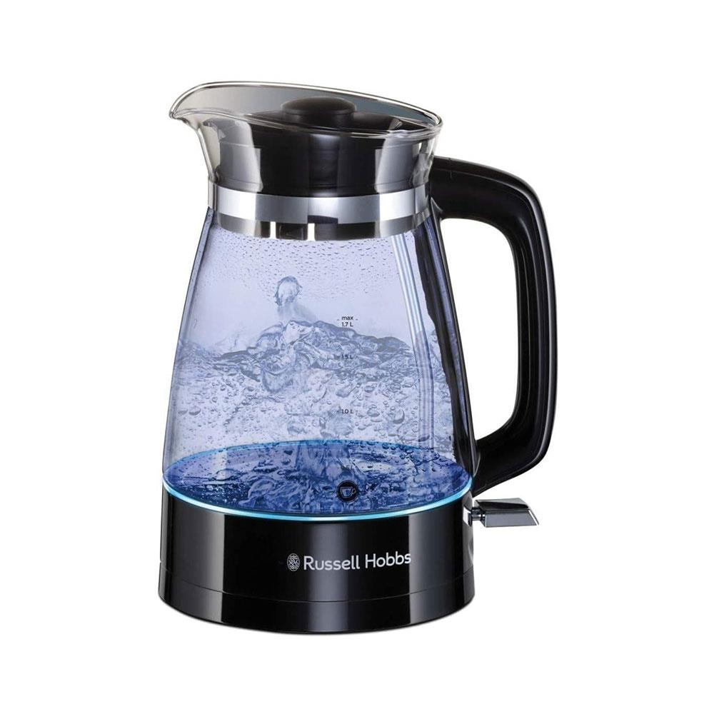 Russell Hobbs Classic Cordless Electric Glass Jug Kettle Blue Internal Illumination 3000W 1.7 Litres - Black