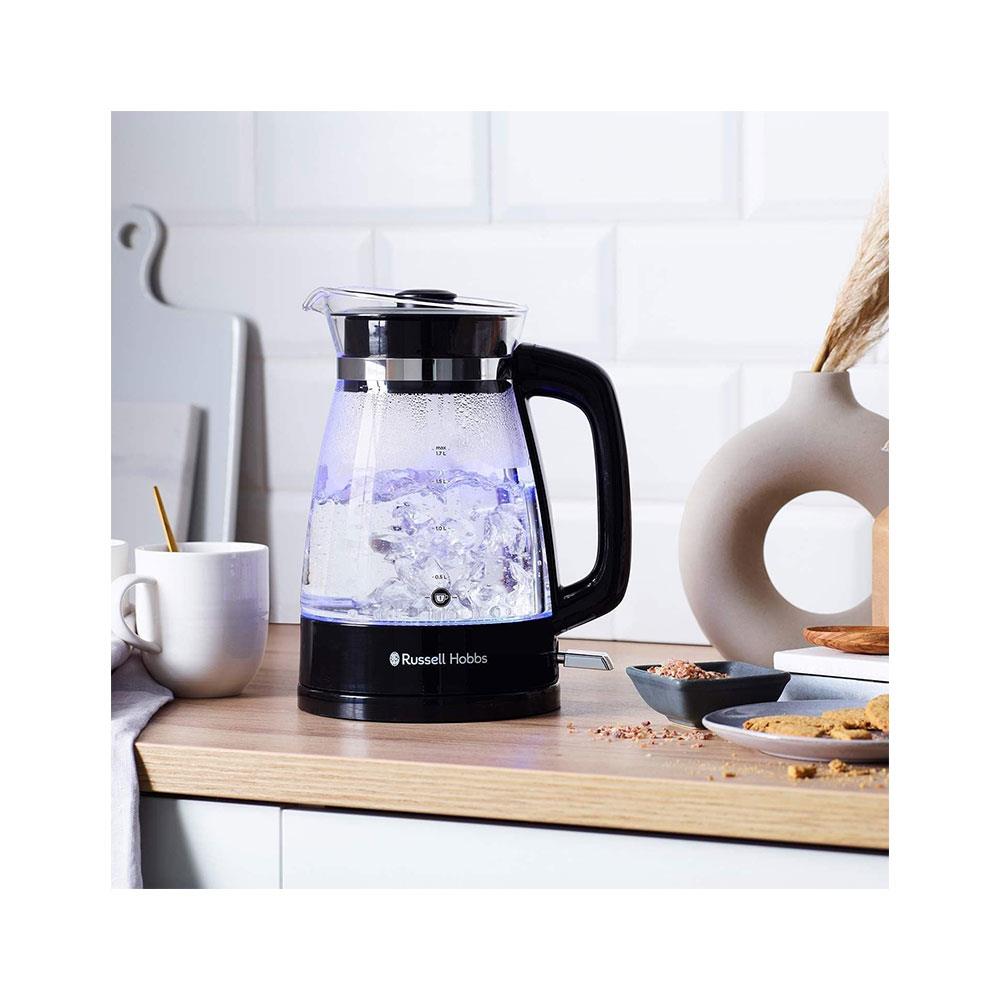 Russell Hobbs Classic Cordless Electric Glass Jug Kettle Blue Internal Illumination 3000W 1.7 Litres - Black