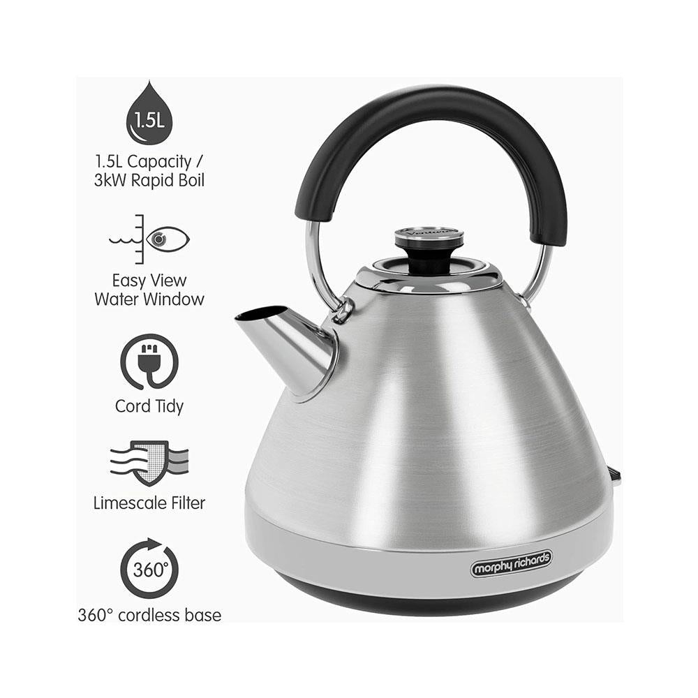 Morphy Richards Venture Pyramid Kettle Brushed Stainless Steel 3000W 1.5 Litres - Silver