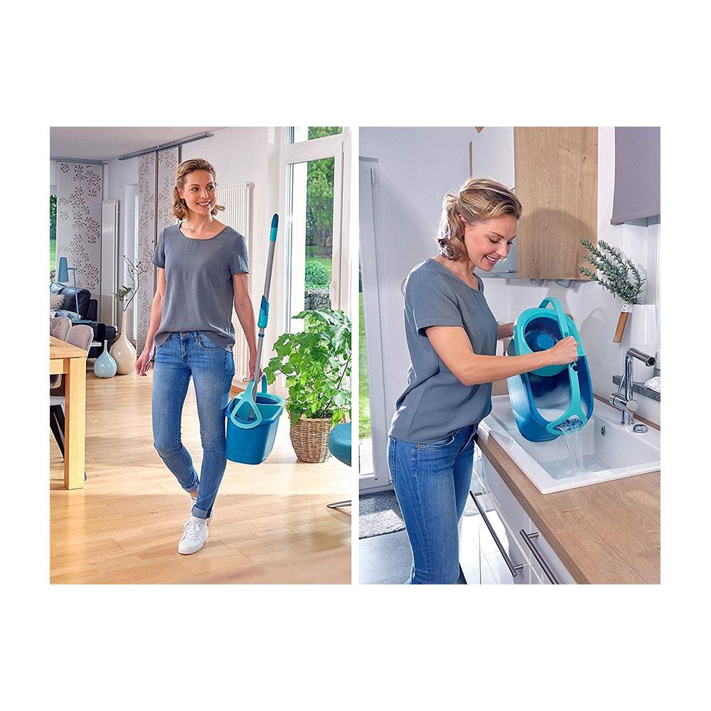 Leifheit Clean Twist Mobile Disc Mop Ergo Set Moisture Controlled Spin Wheeled Bucket - Turquoise