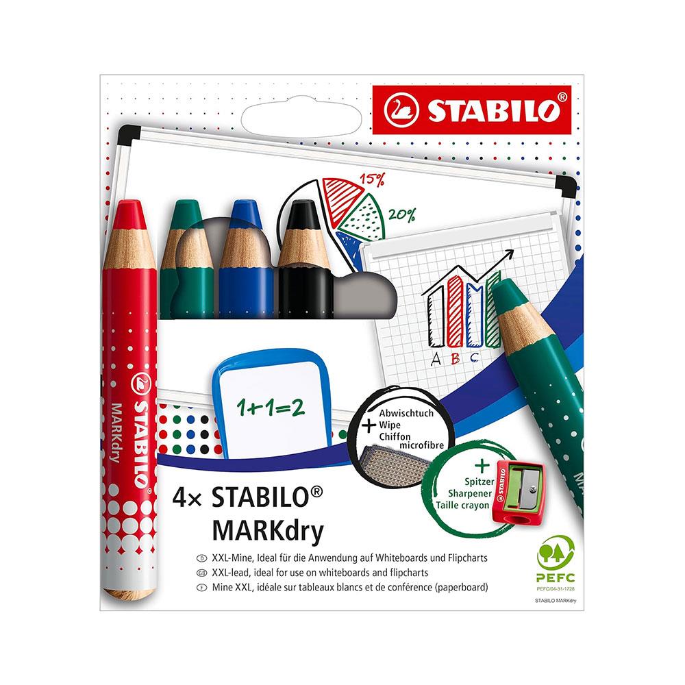 Stabilo MARKdry Whiteboard & Flipchart Markers with Sharpener & Wiping Cloth Multicolour Pack of 4
