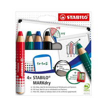 Stabilo MARKdry Whiteboard & Flipchart Markers with Sharpener & Wiping Cloth Multicolour Pack of 4