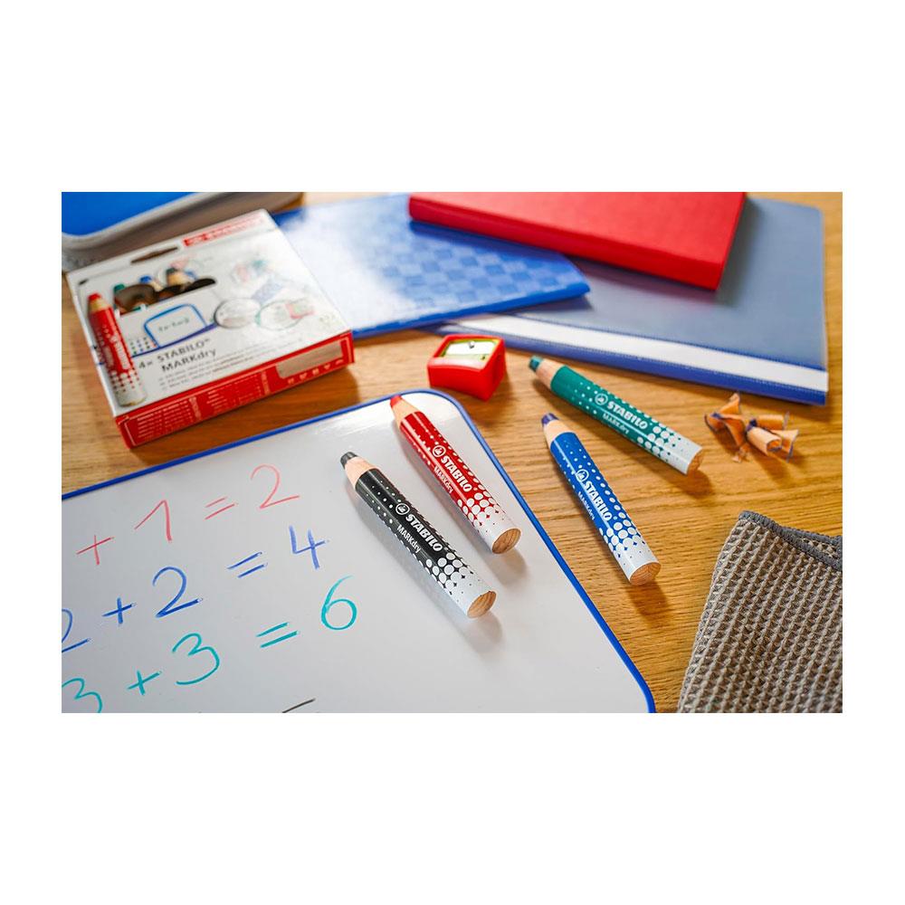 Stabilo MARKdry Whiteboard & Flipchart Markers with Sharpener & Wiping Cloth Multicolour Pack of 4