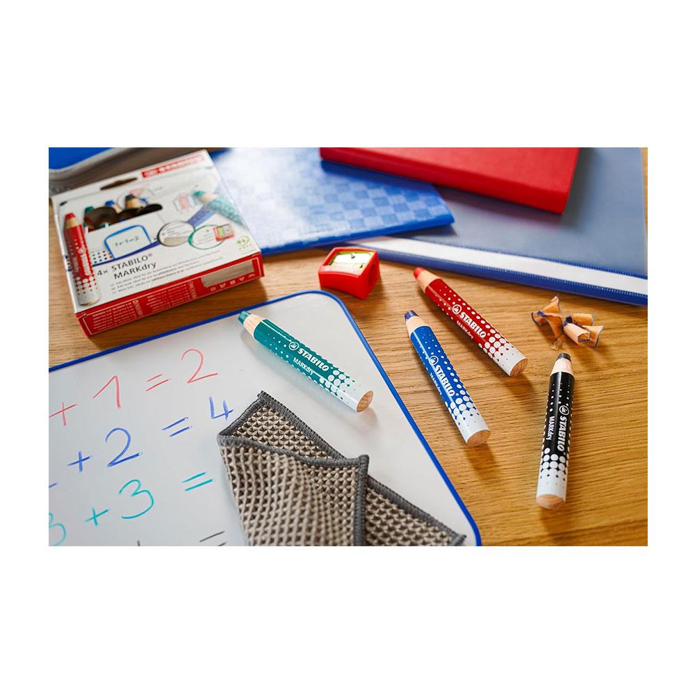 Stabilo MARKdry Whiteboard & Flipchart Markers with Sharpener & Wiping Cloth Multicolour Pack of 4