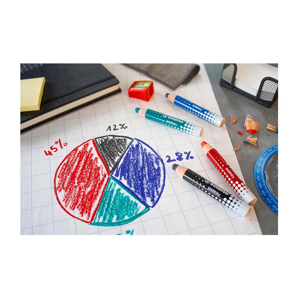 Stabilo MARKdry Whiteboard & Flipchart Markers with Sharpener & Wiping Cloth Multicolour Pack of 4