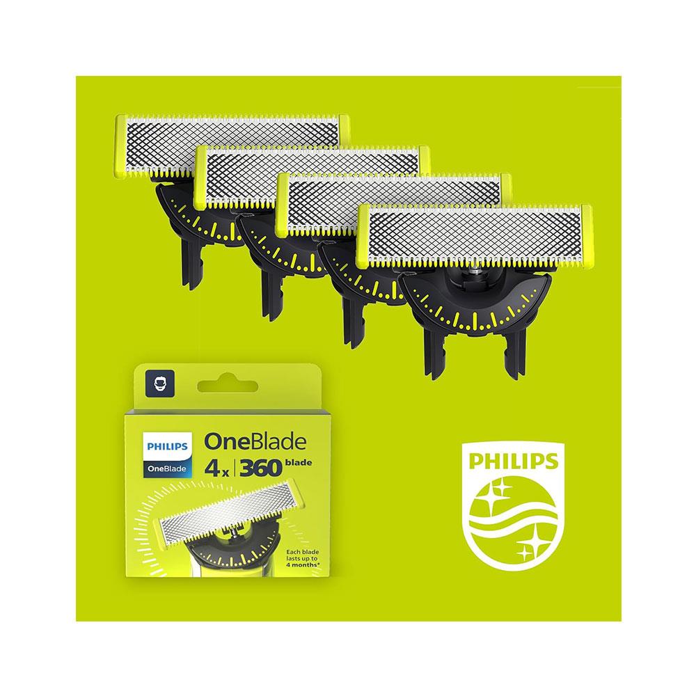 Philips OneBlade 360 Replacement Blade For Hybrid Electric Shaver & Trimmer Trim Edge Shave 4 Pack - Lime Green/Charcoal Grey
